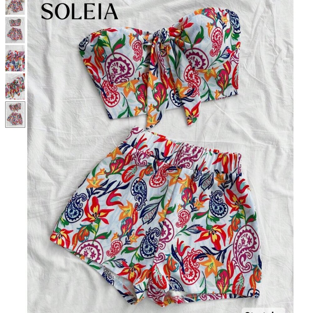 2 Pc Beach Set, Colorful Paisley Print Tie-Front Top And Elastic Waist Shorts